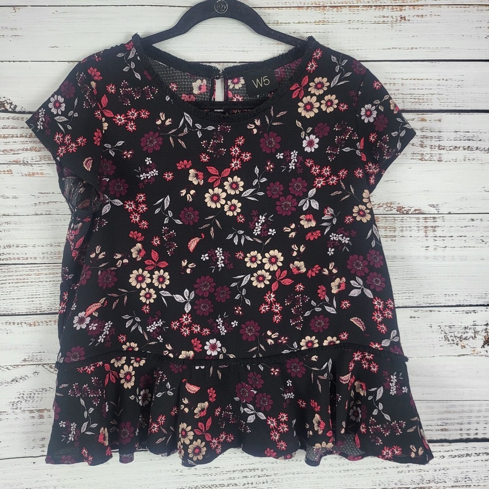 W5 Cap Sleeve Blouse L Womens Black Multicolor Floral Print Round Neck Key Hole